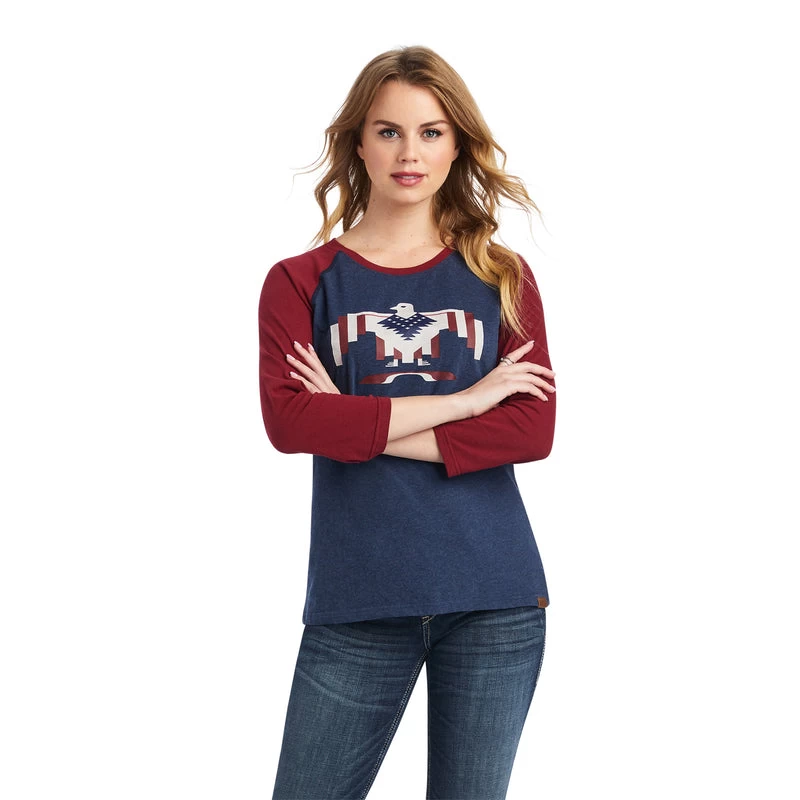 'Ariat' Women's Thunderbird Chimayo Baseball T-Shirt - Navy Heather / Rubiyat 3 'Ariat' Women's Thunderbird Chimayo Baseball T-Shirt - Navy Heather / Rubiyat