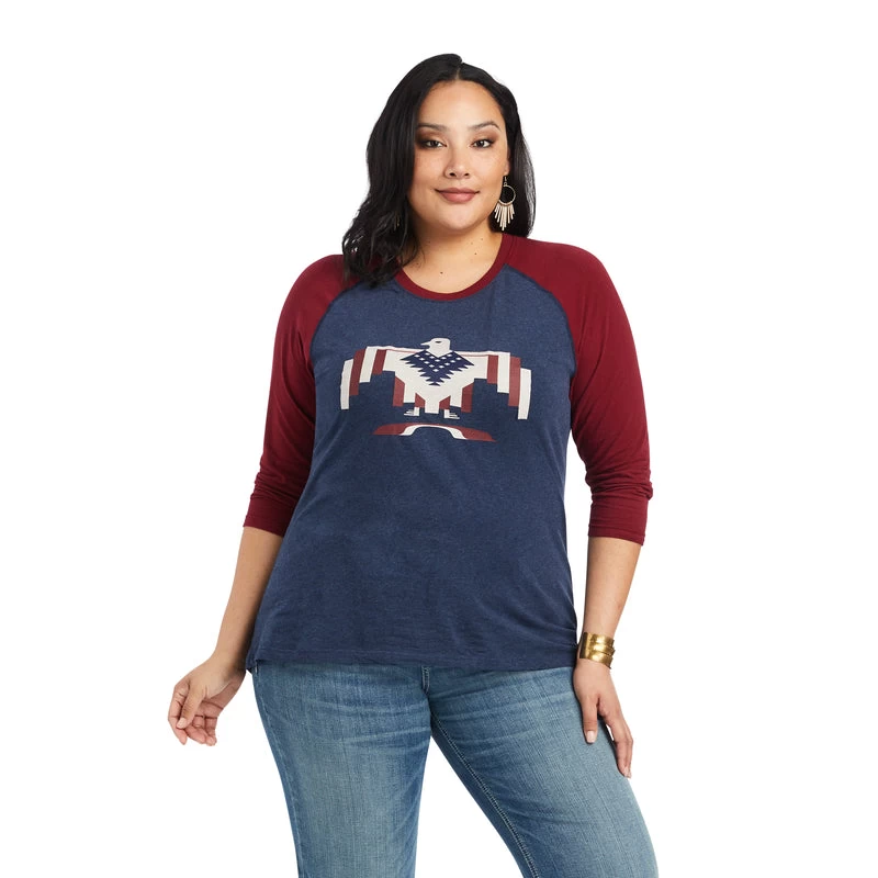 'Ariat' Women's Thunderbird Chimayo Baseball T-Shirt - Navy Heather / Rubiyat 4 'Ariat' Women's Thunderbird Chimayo Baseball T-Shirt - Navy Heather / Rubiyat - Image 2