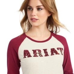 'Ariat' Women's R.E.A.L. Baseball T-Shirt - Oatmeal Heather / Beet Red -WinterWanderlust Adventures F22 WMS WEST 10042297 detail01 1024x1024@2x