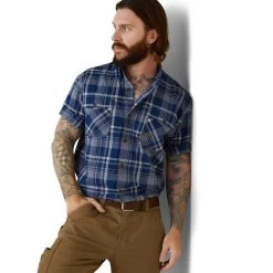 'Ariat' Men's Rebar Made Tough DuraStretch Button Down - Stonewash Plaid