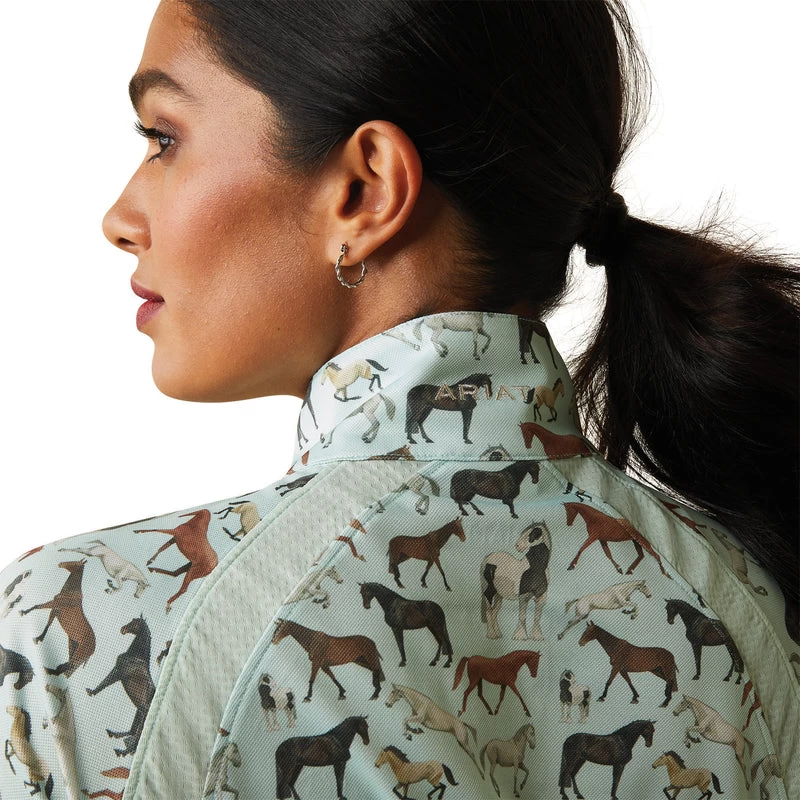 'Ariat' Women's Sunstopper 2.0 1/4 Zip Baselayer - Aqua Foam Herd Print 4 'Ariat' Women's Sunstopper 2.0 1/4 Zip Baselayer - Aqua Foam Herd Print - Image 2