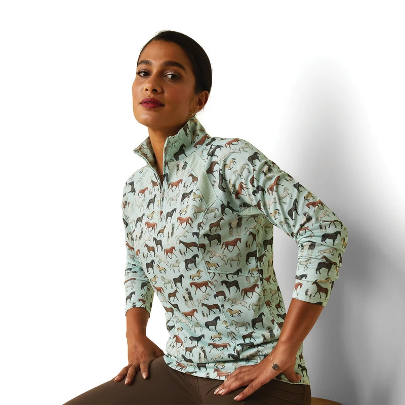'Ariat' Women's Sunstopper 2.0 1/4 Zip Baselayer - Aqua Foam Herd Print 3 'Ariat' Women's Sunstopper 2.0 1/4 Zip Baselayer - Aqua Foam Herd Print