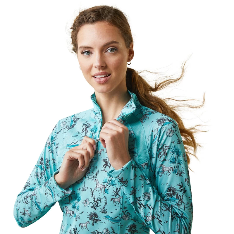 'Ariat' Women's Sunstopper 2.0 1/4 Zip Baselayer - Pool Blue Oasis Print 4 'Ariat' Women's Sunstopper 2.0 1/4 Zip Baselayer - Pool Blue Oasis Print - Image 2