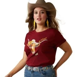 'Ariat' Women's R.E.A.L. Daisy Steer T Shirt - Pomegranite -WinterWanderlust Adventures S23 WMS WEST 10043757 front plus 1024x1024@2x